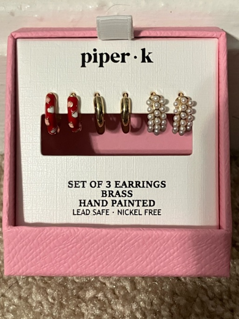 Piper K Three-Pair Earring Set, hand painted hearts, pearls, and gold-tone hoops